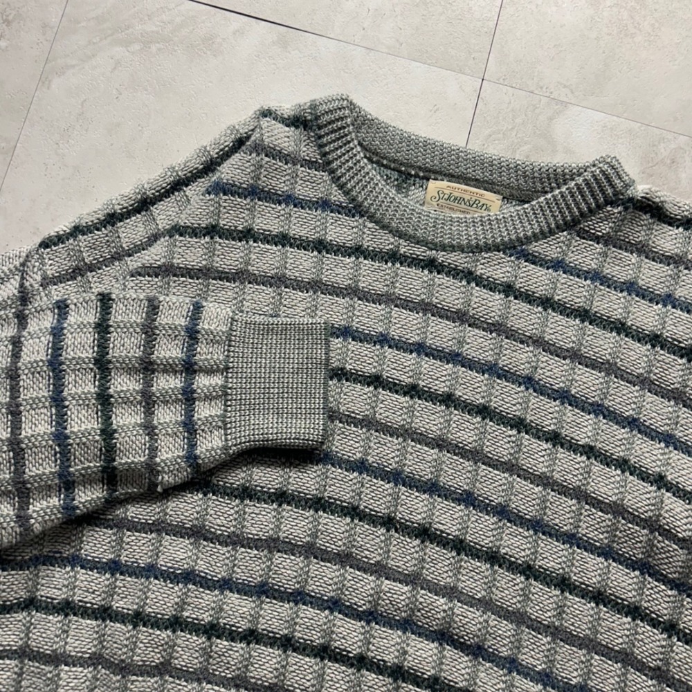St. Johns Bay Vintage Sweater Grey Blue Grid Mens XL Textured Knit Pullover